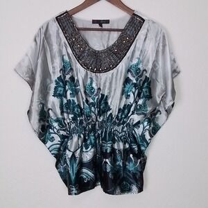 Heart Soul Y2K Butterfly Blouse Smocked Waist Beaded Scoop Neck‎ Silky Satin